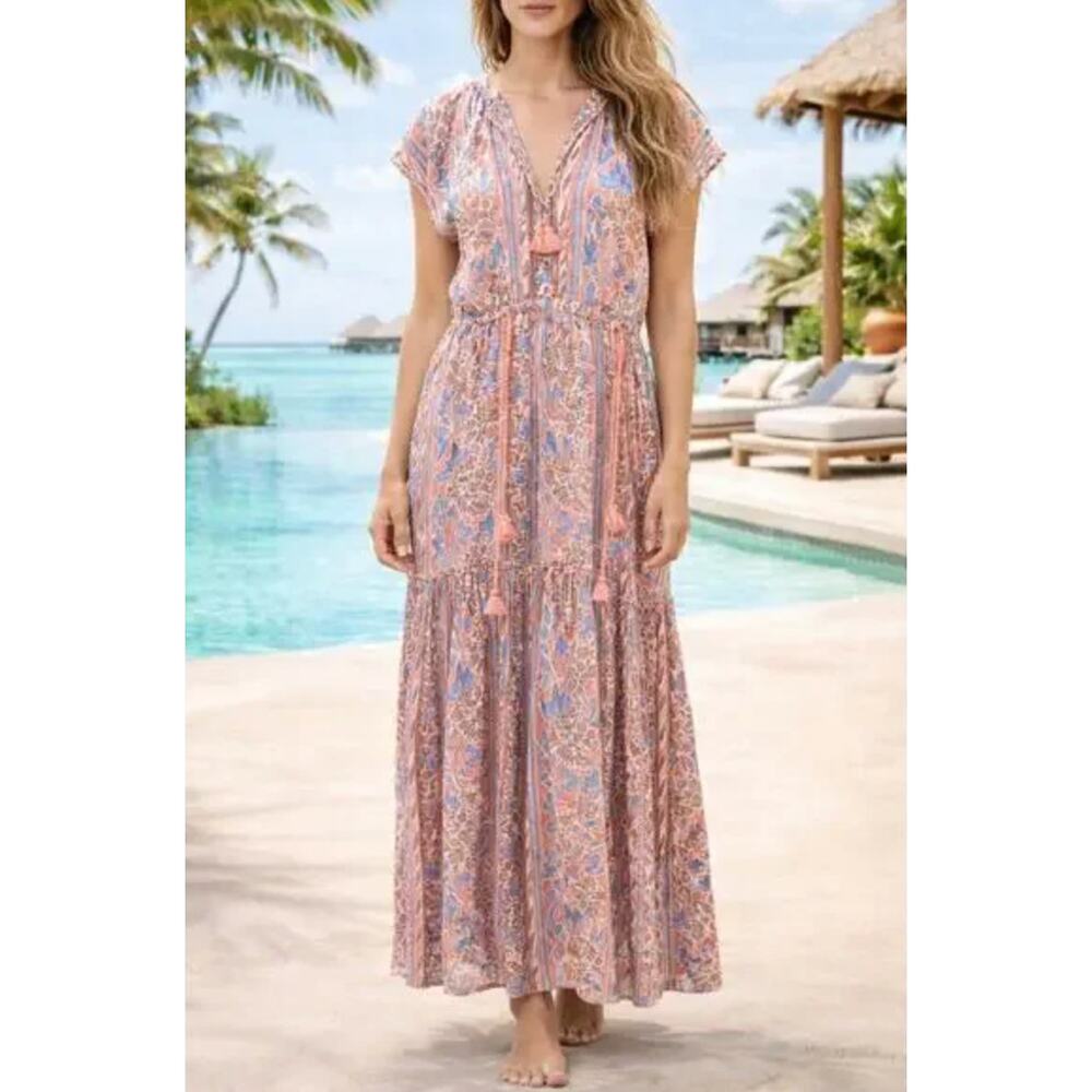 OMIKA Maxi Caftan Dress Floral Orange Beige Drawstring Waist Short Sleeve S